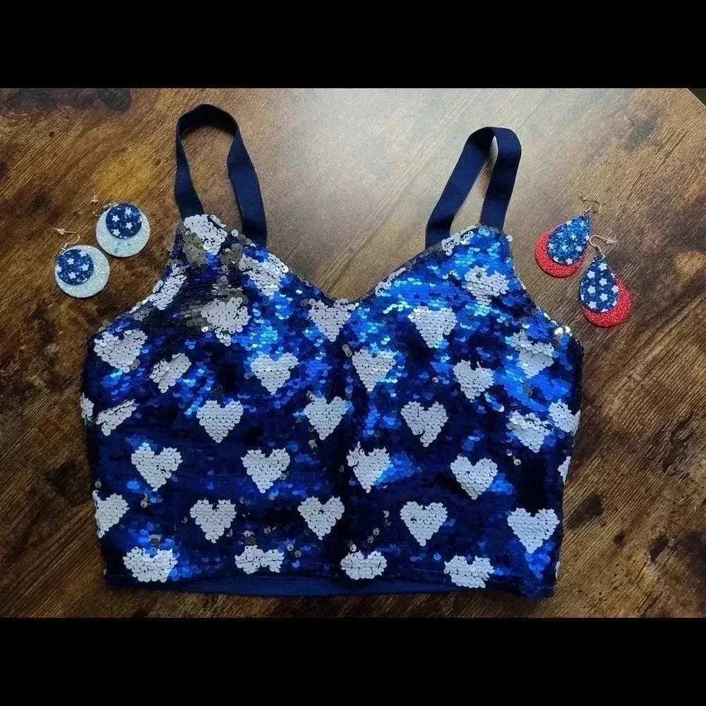 BUNDLE: Shein star sequin half tank top + 2 pair of earrings.